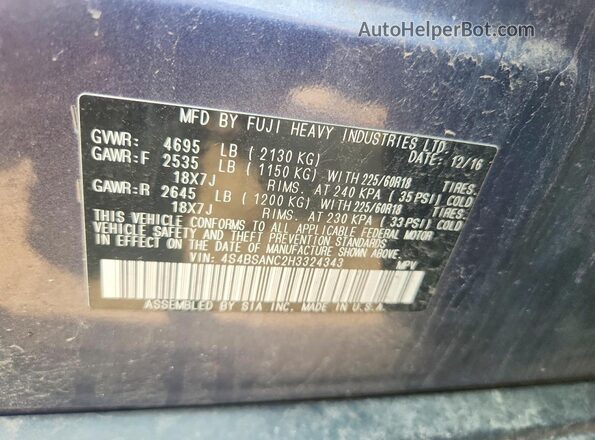 4S4BSANC2H3324343 2017 SUBARU OUTBACK Blue Engine compartment view