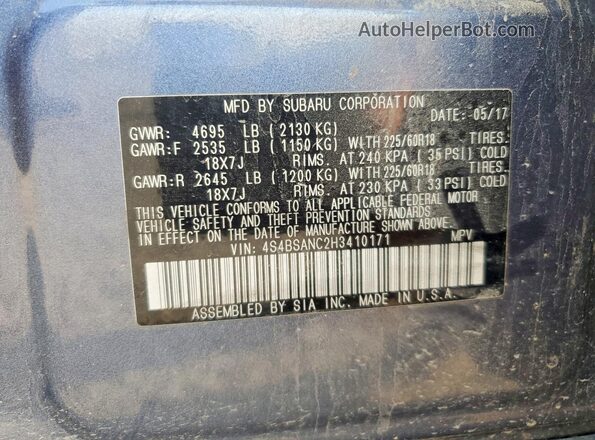 4S4BSANC2H3410171 2017 SUBARU OUTBACK Blue Vista del compartimento del motor