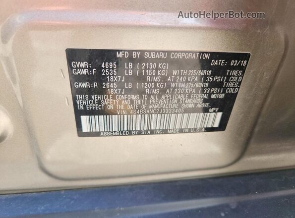 4S4BSANC2J3333405 2018 SUBARU OUTBACK Silver VIN կոդի պիտակի տեսք