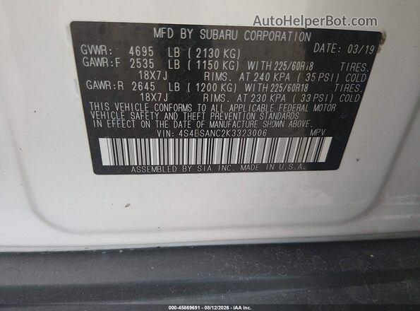 4S4BSANC2K3323006 2019 SUBARU OUTBACK Белый Вид подкапотного пространства