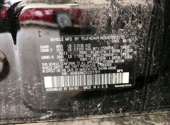 4S4BSANC3G3217011 2016 SUBARU OUTBACK Black VIN sticker view