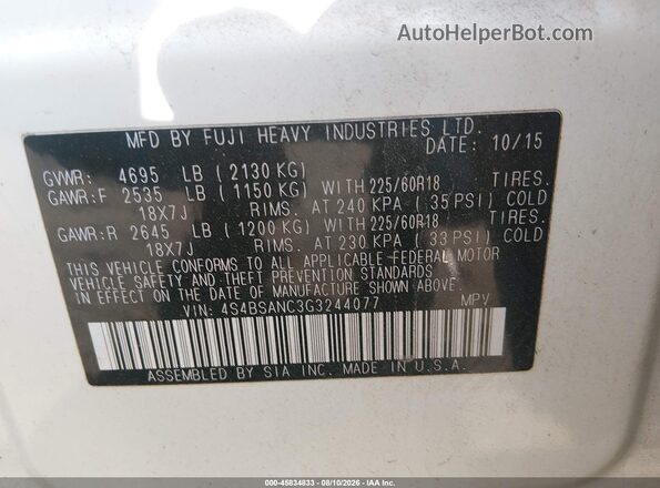 4S4BSANC3G3244077 2016 SUBARU OUTBACK White Вид підкапотного простору