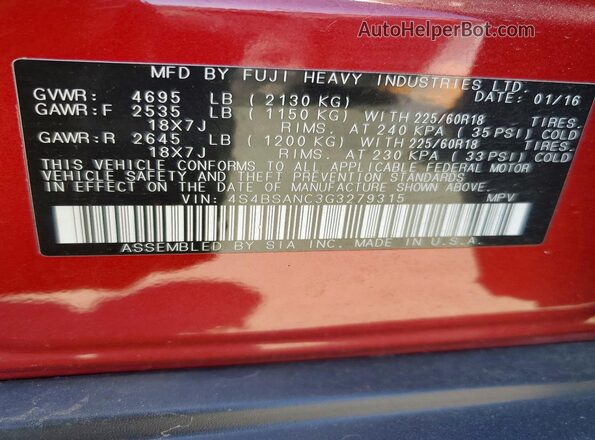 4S4BSANC3G3279315 2016 SUBARU OUTBACK Красный Панорамный вид салона 360°