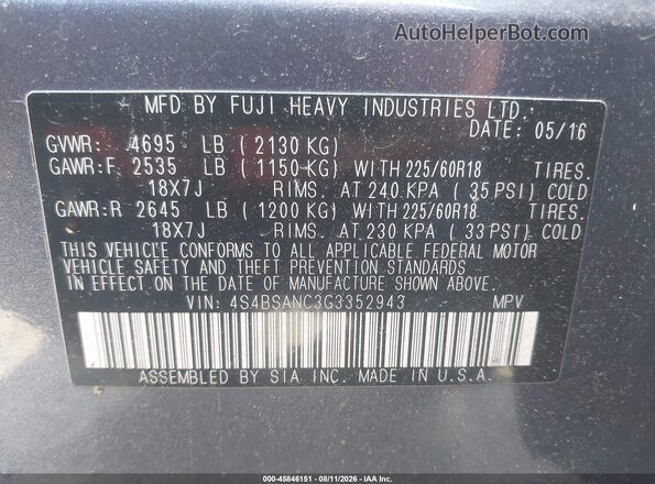 4S4BSANC3G3352943 2016 SUBARU OUTBACK Blue ძრავის განყოფილების ხედი