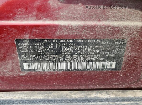 4S4BSANC3H3422975 2017 SUBARU OUTBACK Red Вид наклейки з VIN-кодом