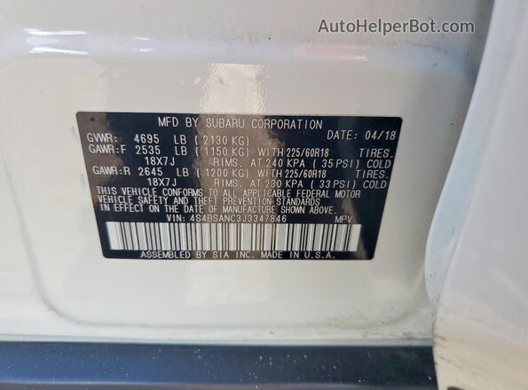 4S4BSANC3J3347846 2018 SUBARU OUTBACK White Панорамний вид салону 360°