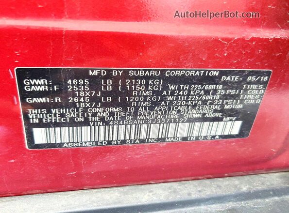 4S4BSANC3J3371127 2018 SUBARU OUTBACK Burgundy Вид наклейки з VIN-кодом