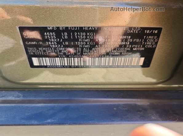 4S4BSANC4H3276263 2017 SUBARU OUTBACK Зеленый Панорамный вид салона 360°