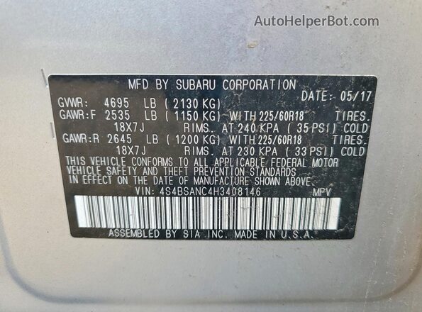 4S4BSANC4H3408146 2017 SUBARU OUTBACK Silver 360 interior view