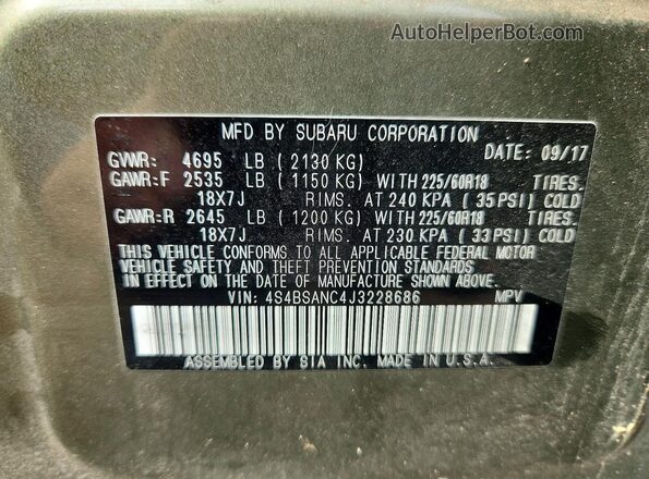 4S4BSANC4J3228686 2018 SUBARU OUTBACK Green Vista de la etiqueta del VIN