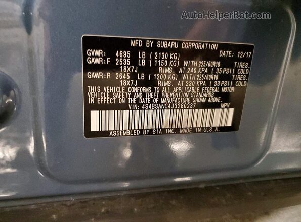 4S4BSANC4J3280237 2018 SUBARU OUTBACK Blue Widok naklejki z numerem VIN