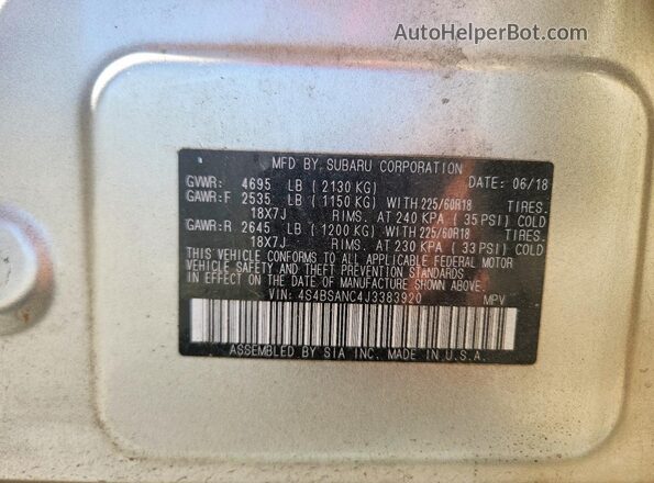 4S4BSANC4J3383920 2018 SUBARU OUTBACK Tan VIN sticker view