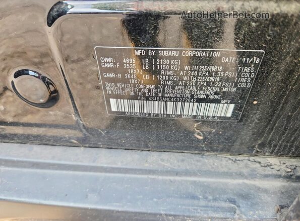 4S4BSANC4K3272642 2019 SUBARU OUTBACK Black Widok naklejki z numerem VIN