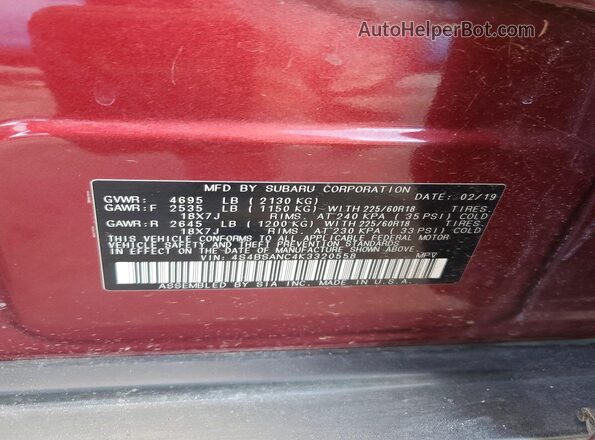 4S4BSANC4K3320558 2019 SUBARU OUTBACK Burgundy Вид наклейки з VIN-кодом