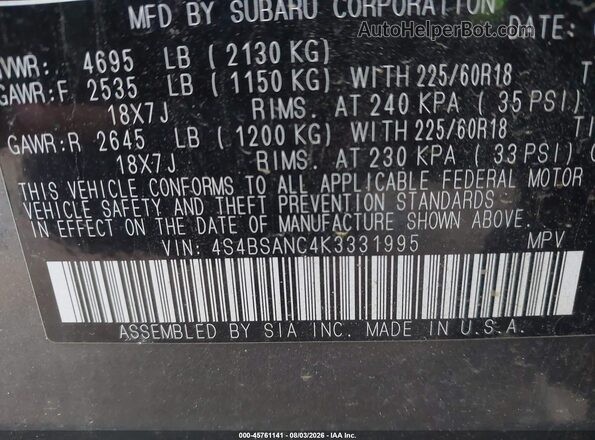 4S4BSANC4K3331995 2019 SUBARU OUTBACK Gray Widok komory silnika