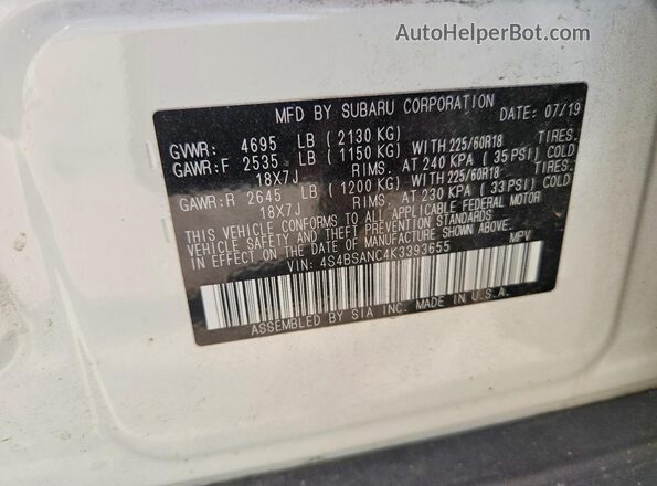 4S4BSANC4K3393655 2019 SUBARU OUTBACK White Widok komory silnika