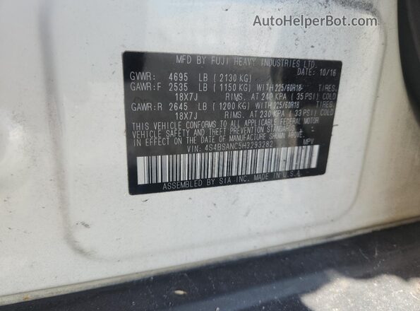4S4BSANC5H3293282 2017 SUBARU OUTBACK White Вид наклейки з VIN-кодом