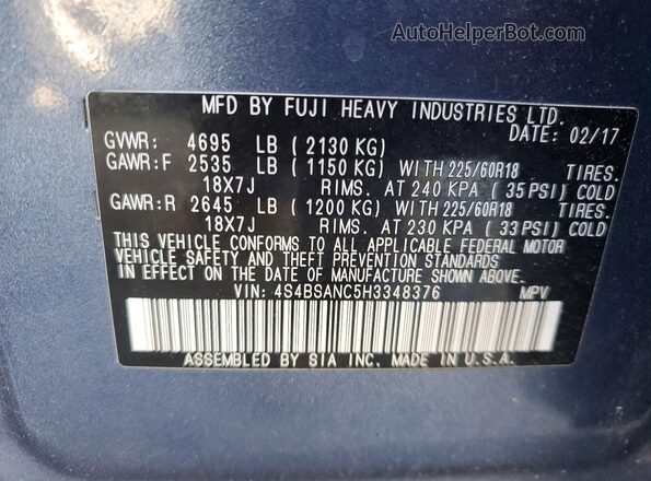 4S4BSANC5H3348376 2017 SUBARU OUTBACK Blue VIN կոդի պիտակի տեսք