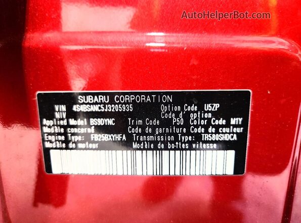 4S4BSANC5J3205935 2018 SUBARU OUTBACK Red Widok naklejki z numerem VIN