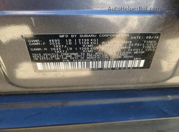 4S4BSANC5K3226236 2019 SUBARU OUTBACK Серый Вид наклейки с VIN-кодом