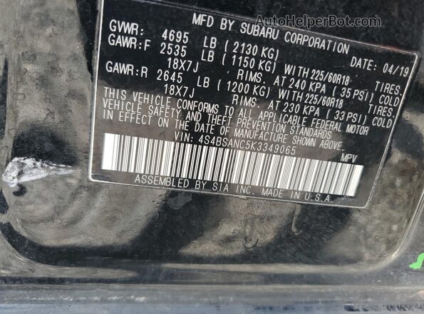 4S4BSANC5K3349065 2019 SUBARU OUTBACK Black VIN կոդի պիտակի տեսք