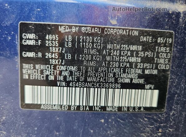 4S4BSANC5K3369896 2019 SUBARU OUTBACK Blue VIN sticker view