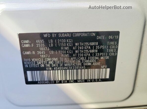 4S4BSANC5K3385645 2019 SUBARU OUTBACK White Vista de la etiqueta del VIN