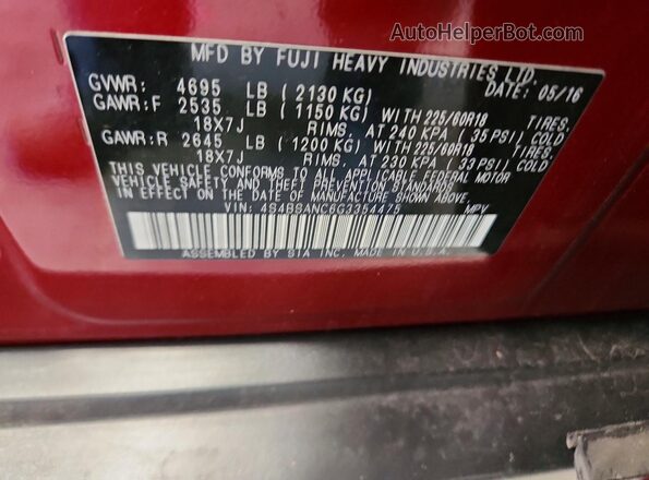 4S4BSANC6G3354475 2016 SUBARU OUTBACK Red Вид підкапотного простору