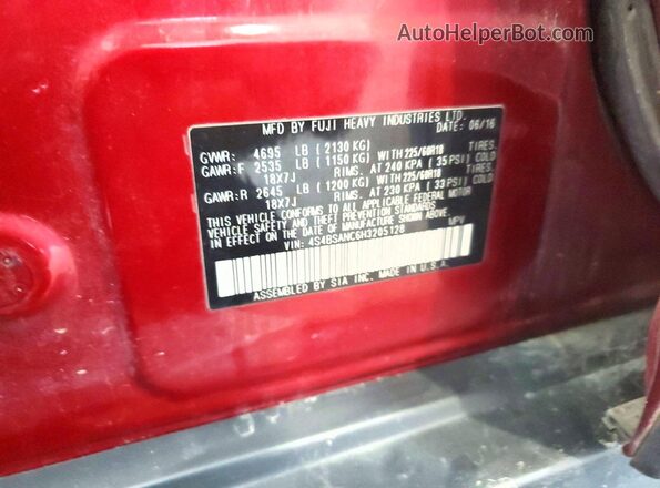 4S4BSANC6H3205128 2017 SUBARU OUTBACK Темно-бордовый Вид наклейки с VIN-кодом
