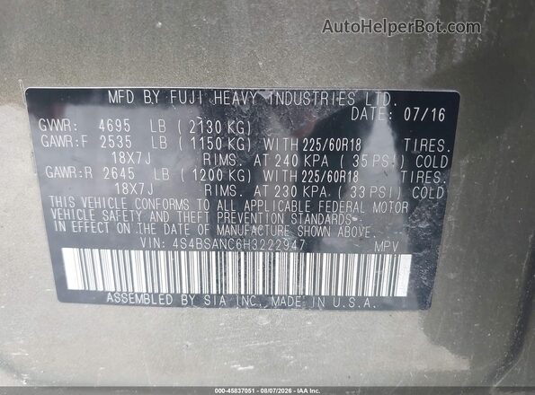 4S4BSANC6H3222947 2017 SUBARU OUTBACK Green ძრავის განყოფილების ხედი