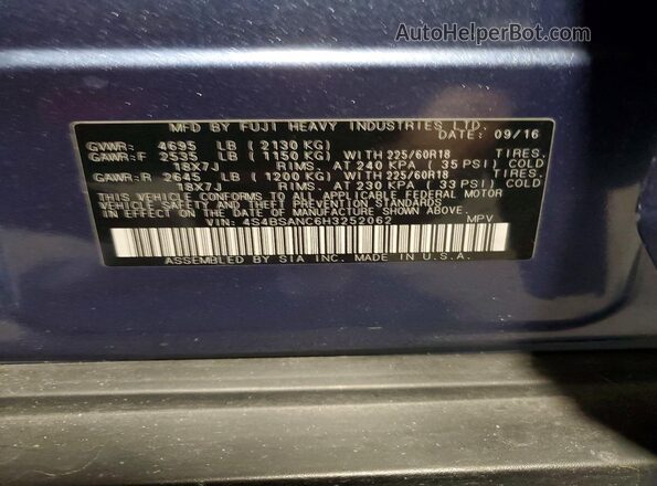 4S4BSANC6H3252062 2017 SUBARU OUTBACK Синий Вид наклейки с VIN-кодом