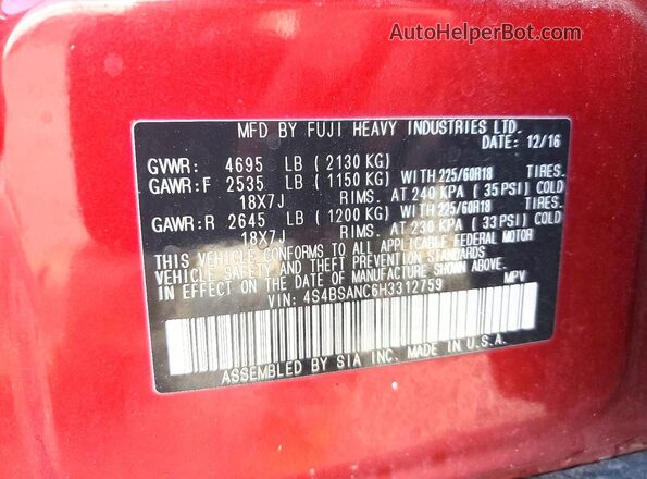 4S4BSANC6H3312759 2017 SUBARU OUTBACK Red VIN sticker view
