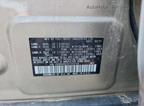 4S4BSANC6H3363100 2017 SUBARU OUTBACK Gold VIN կոդի պիտակի տեսք