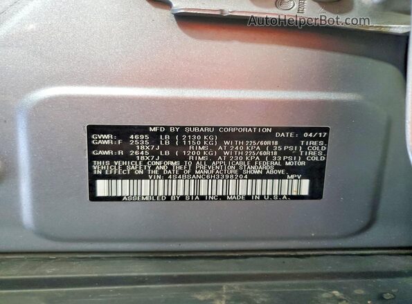 4S4BSANC6H3398204 2017 SUBARU OUTBACK Silver Вид наклейки з VIN-кодом