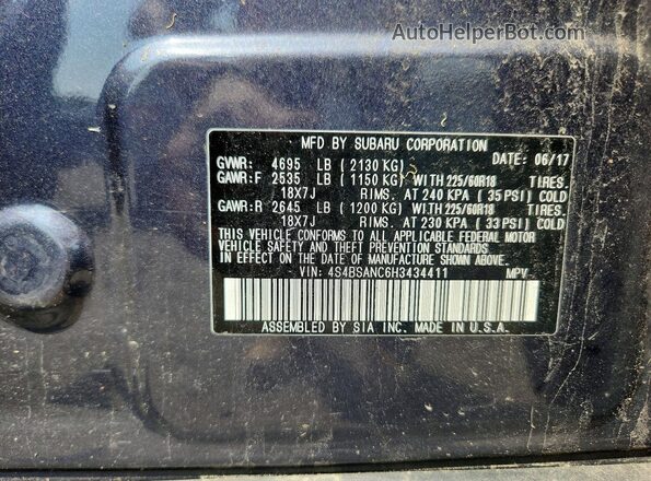 4S4BSANC6H3434411 2017 SUBARU OUTBACK Gray Vista del compartimento del motor