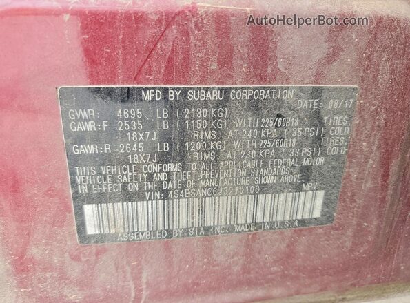4S4BSANC6J3210108 2018 SUBARU OUTBACK Burgundy VIN կոդի պիտակի տեսք