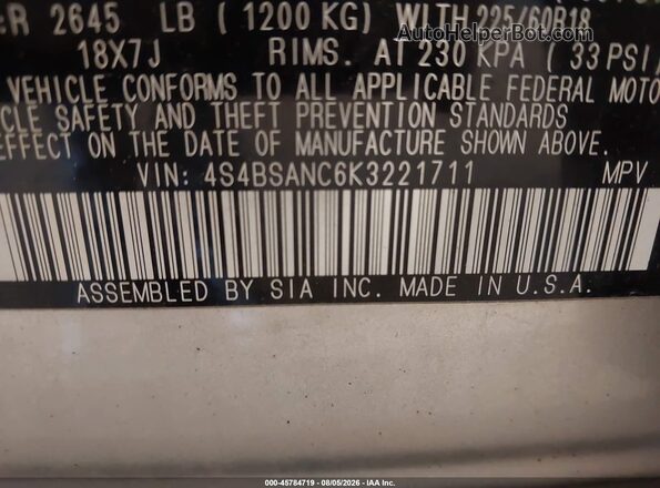4S4BSANC6K3221711 2019 SUBARU OUTBACK Beige Շարժիչի բաժամունքի տեսք