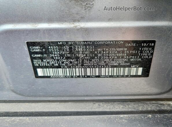 4S4BSANC6K3244213 2019 SUBARU OUTBACK Silver Widok naklejki z numerem VIN