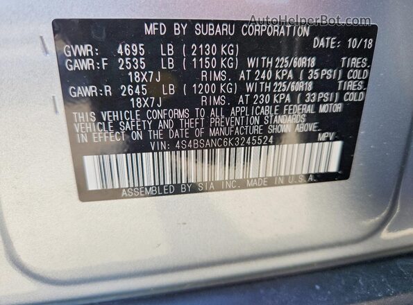 4S4BSANC6K3245524 2019 SUBARU OUTBACK Silver სალონის 360-გრადუსიანი ხედი