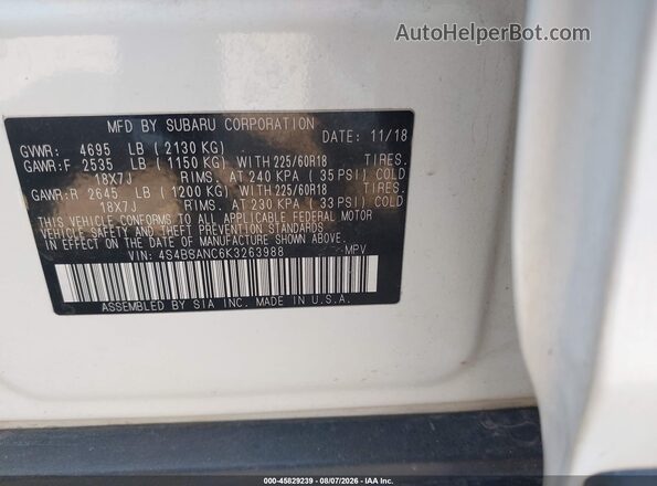 4S4BSANC6K3263988 2019 SUBARU OUTBACK White Engine compartment view