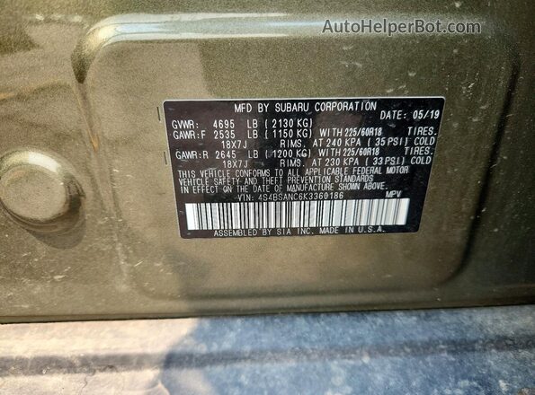 4S4BSANC6K3360186 2019 SUBARU OUTBACK Green Vista de la etiqueta del VIN