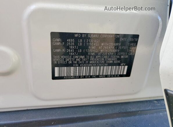 4S4BSANC6K3360298 2019 SUBARU OUTBACK Белый Вид подкапотного пространства