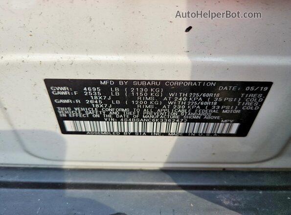 4S4BSANC6K3362472 2019 SUBARU OUTBACK Белый Вид наклейки с VIN-кодом