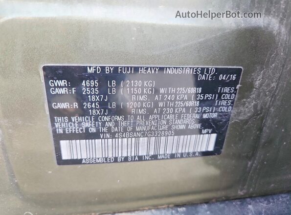 4S4BSANC7G3328905 2016 SUBARU OUTBACK Green Вид підкапотного простору