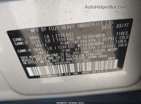 4S4BSANC7H3373604 2017 SUBARU OUTBACK Silver Вид підкапотного простору