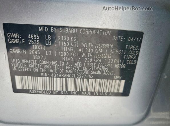 4S4BSANC7H3397658 2017 SUBARU OUTBACK Silver Widok naklejki z numerem VIN