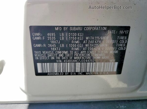 4S4BSANC7J3244252 2018 SUBARU OUTBACK Белый Вид наклейки с VIN-кодом