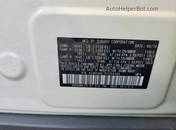 4S4BSANC7K3358396 2019 SUBARU OUTBACK White VIN sticker view