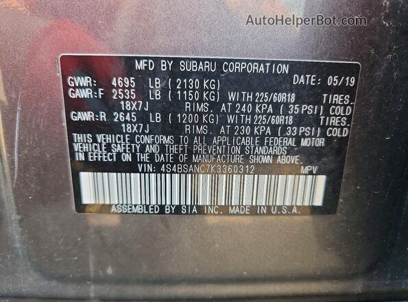 4S4BSANC7K3360312 2019 SUBARU OUTBACK Gray VIN კოდის სტიკერის ხედი