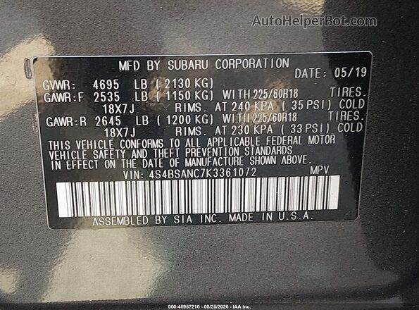 4S4BSANC7K3361072 2019 SUBARU OUTBACK Серый Вид подкапотного пространства